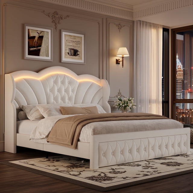 Hiphuta Modern Queen Bed Frame with 2 Drawers, LED Lights Platform Bed Frame, Sturdy Beds Frame with Upholstered Button Tufted Headboard, Velvet White