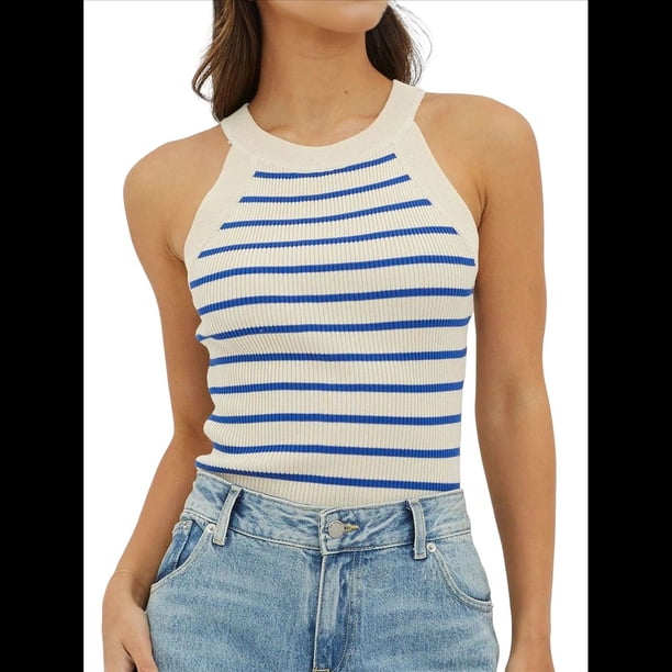 Camisetas Sin Mangas con Cuello Halter para Mujer, de Verano, A Rayas, de Punto Acanalado Elástico, Camisetas Ajustadas Azul L