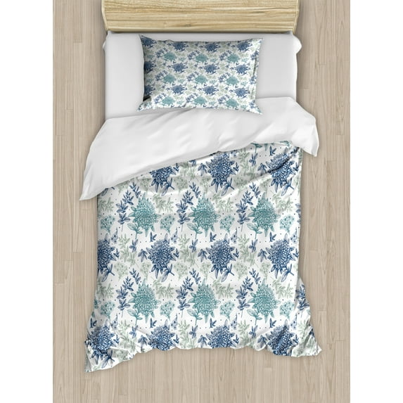 Floral Duvet Cover Set Twin Size, Linear Sketchy Flowers Leaves Petals Feminine Blossom Polka Dots Garden Art, Decorative 2 Piece Bedding Set with 1 Pillow Sham, Multicolor, by Ambesonne