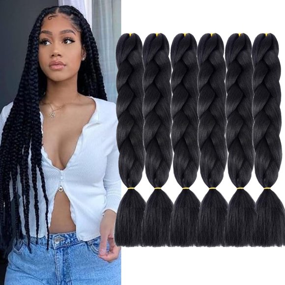 shiyou-Jumbo Box Braiding Hair Extensions 24 Inch Jet Black High Temperature Synthetic Fiber 6 pcs Colored Braiding Hair Twist Crochet Braids for Black Women(24",1#)