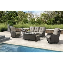 PARKWELL 7Pcs Outdoor Wicker Rattan Conversation Patio Furniture Set, including Three-seater Sofa, Rocking Chairs, Coffee Table, Ottomans and Side Table with Cushion, Gray