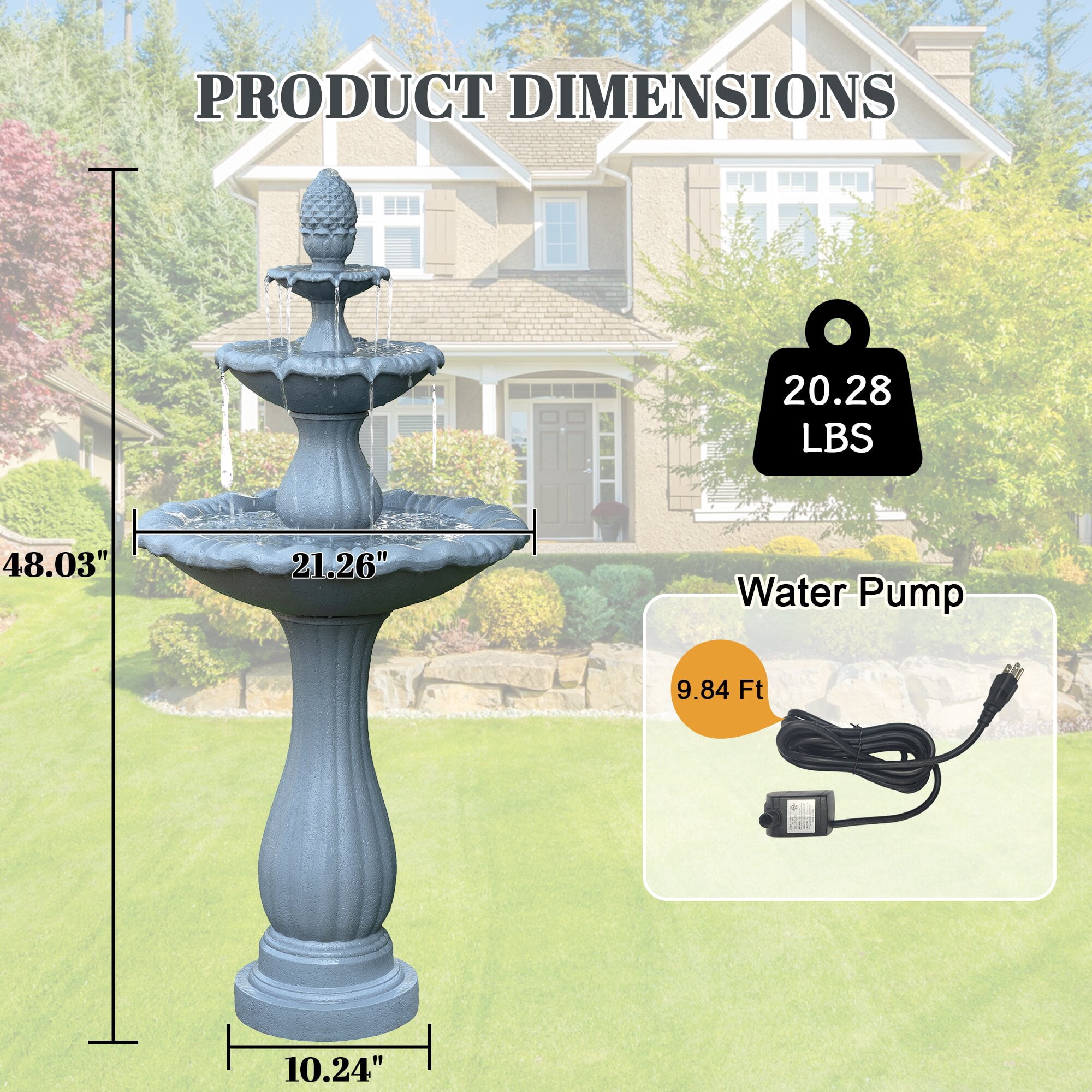 Kaluomm 48" 3-Tiers Outdoor Water Fountain, Italian Pineapple Large Cascading Waterfall Fountains, Weather-Resistant Resin Freestanding Fountain Features for Garden Patio Backyard, Gray
