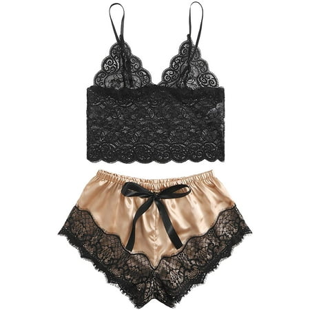 

Women s Floral Lace Cami Plus Size Spaghetti Strap Lace Trim Bralette and Shorts Sleepwear 2 Piece Pajama Lingerie Set