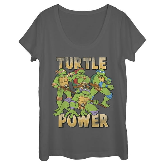 Women's Teenage Mutant Ninja Turtles Distressed Turtle Power  Scoop Neck Charcoal 2X Large