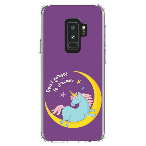 DistinctInk Clear Shockproof Hybrid Case for Samsung Galaxy S9  PLUS (6.2" Screen) - TPU Bumper, Acrylic Back, Tempered Glass Screen Protector - Unicorn Moon - Don't Forget to Dream