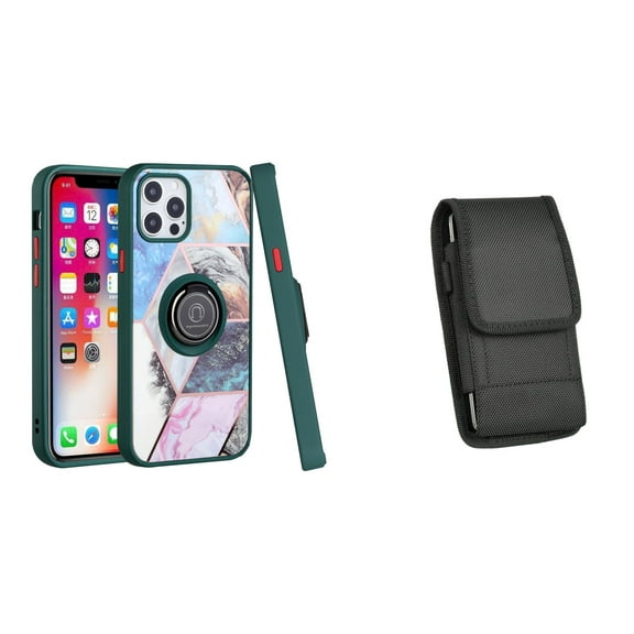 Bemz Ring Series Case for iPhone 14 (TPU Silicone Cover with Magnetic Stand) and Vertical Nylon Belt Holster Pouch - Green on Galaxy Marble