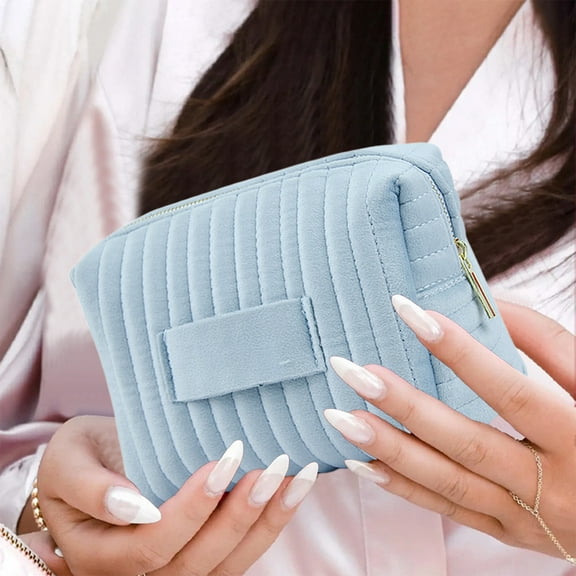 Embroidered Striped Velvet Cosmetic Bag with Waterproof Polyester Material for Makeup Storage and Travel Organization