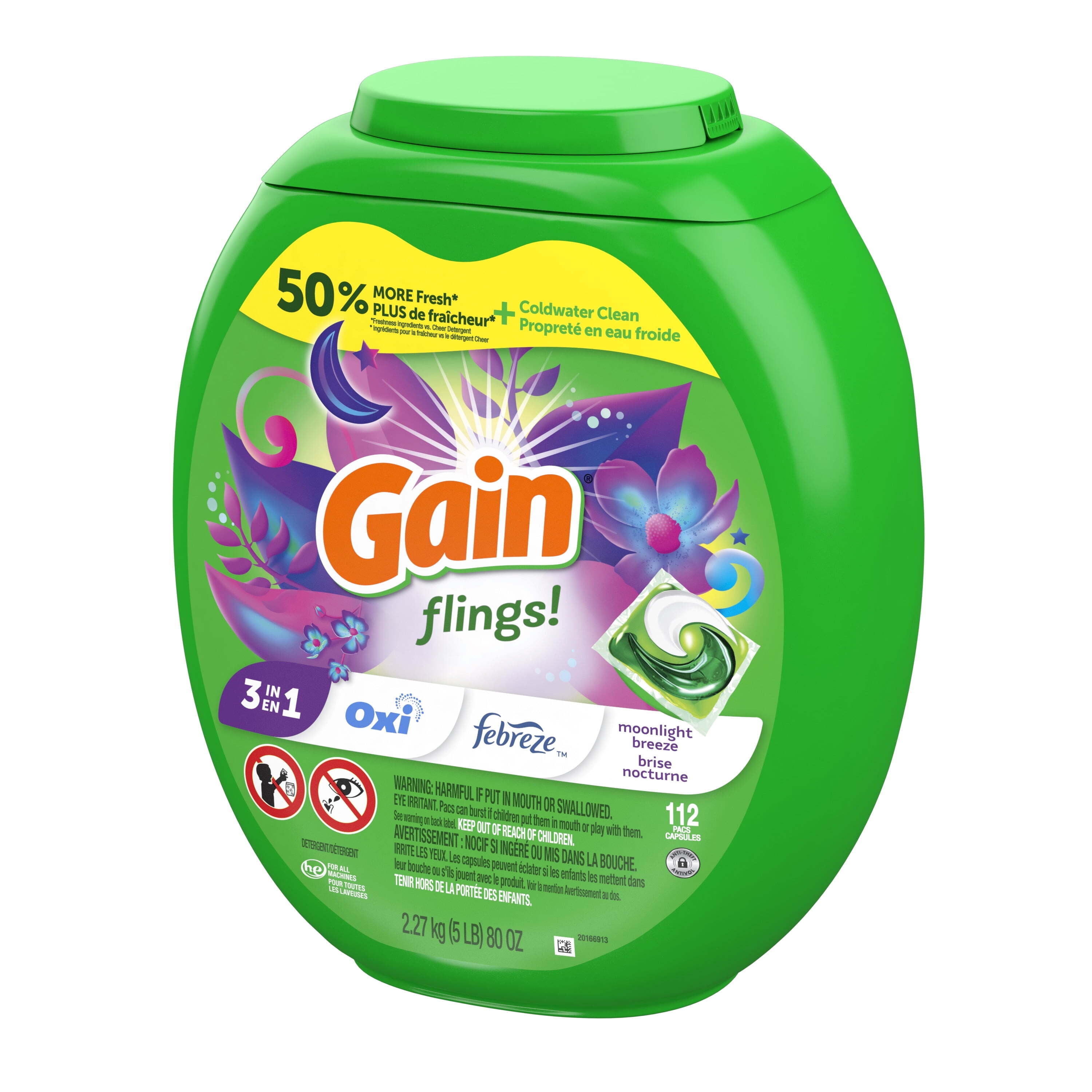 Gain Flings 3-in-1 Oxi Boost and Febreze Laundry Detergent Pacs, Moonlight Breeze Scent, 112 Count