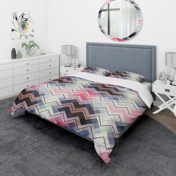 Designart 'Geometric Chevron in Blue and Pink' Modern & Contemporary Duvet Cover Set