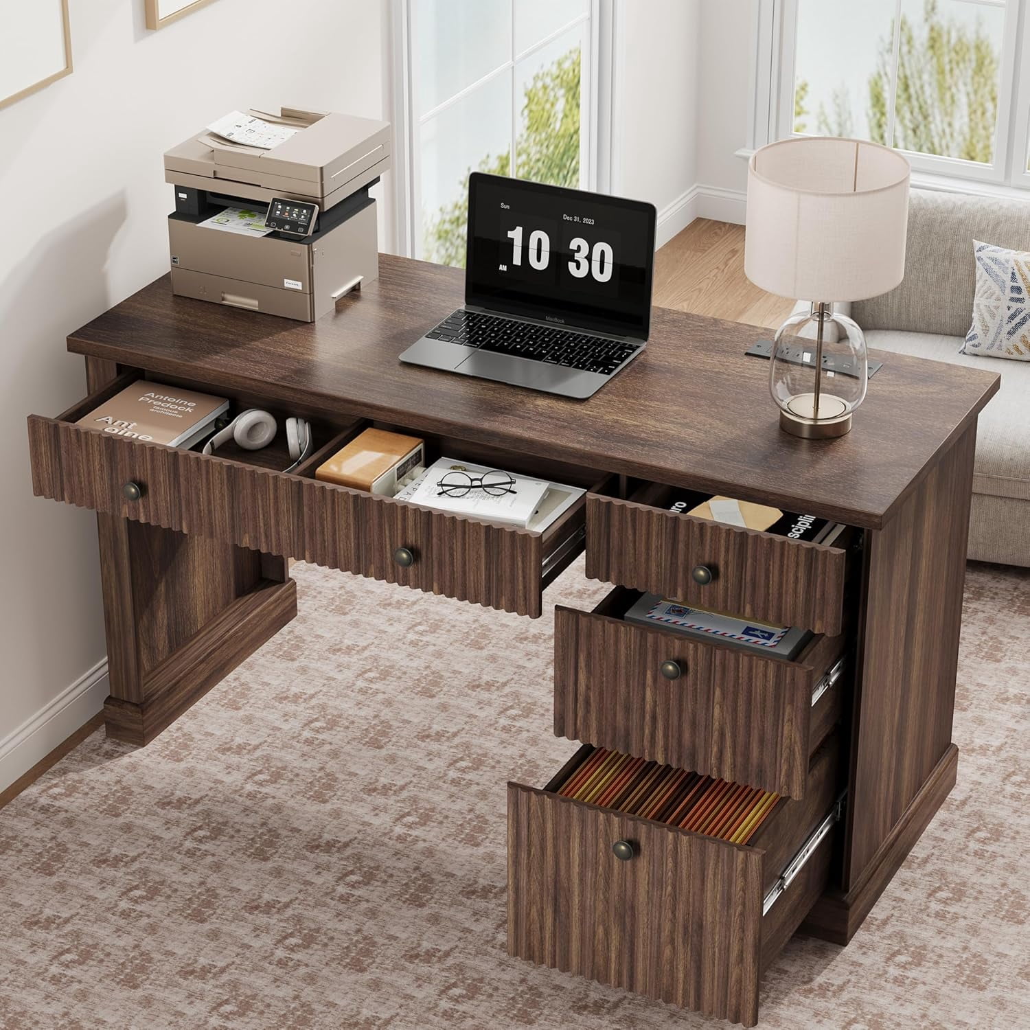 Fluted Home Office Desk Storage, 54 in Modern Executive Desk with Charging Station, Wooden Computer Writing Desk with File Cabinet & Drawers for Study Room (Brown, 54.0"L x 21.6 in D x 30.0"H)