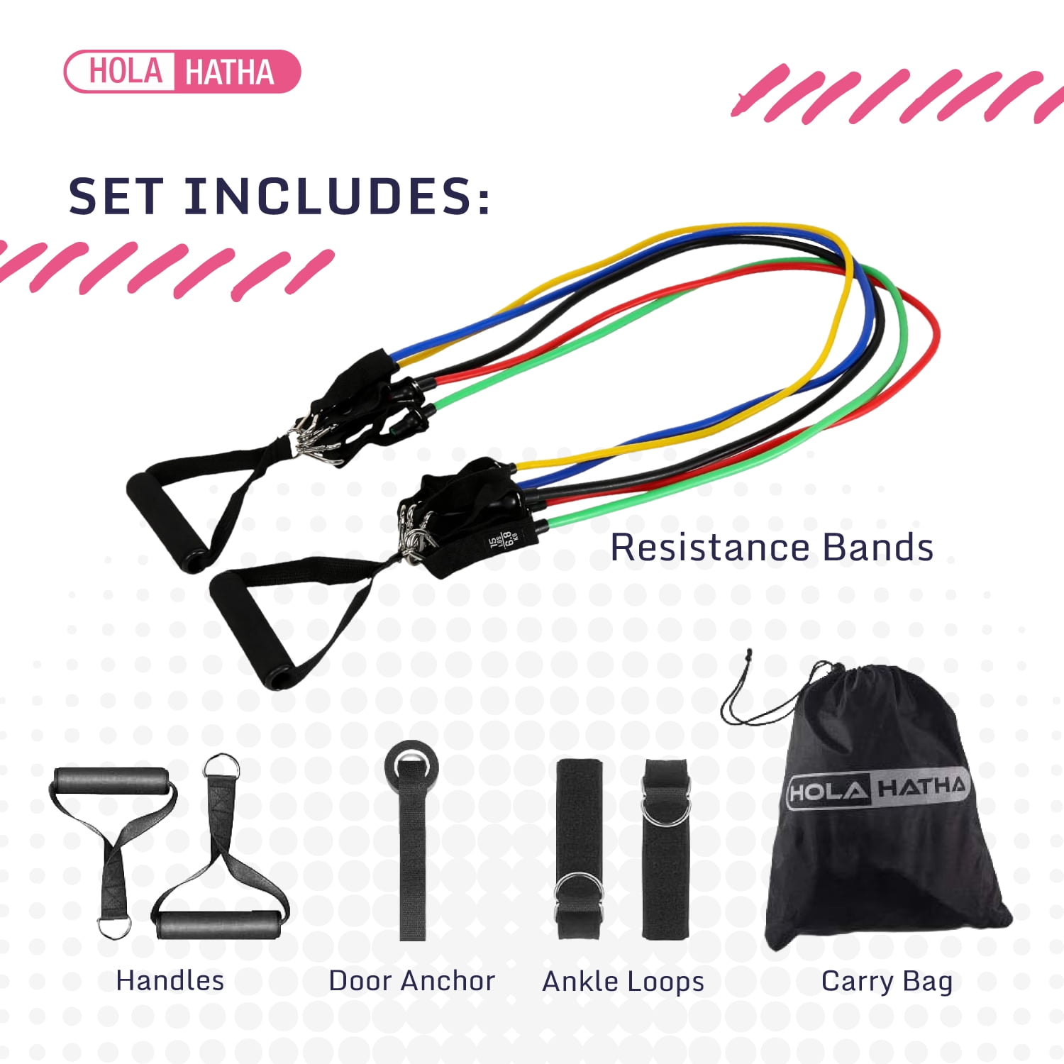 HolaHatha Resistance Band 110lb Maximum Workout Set w/ 5 Bands & 2 Handles