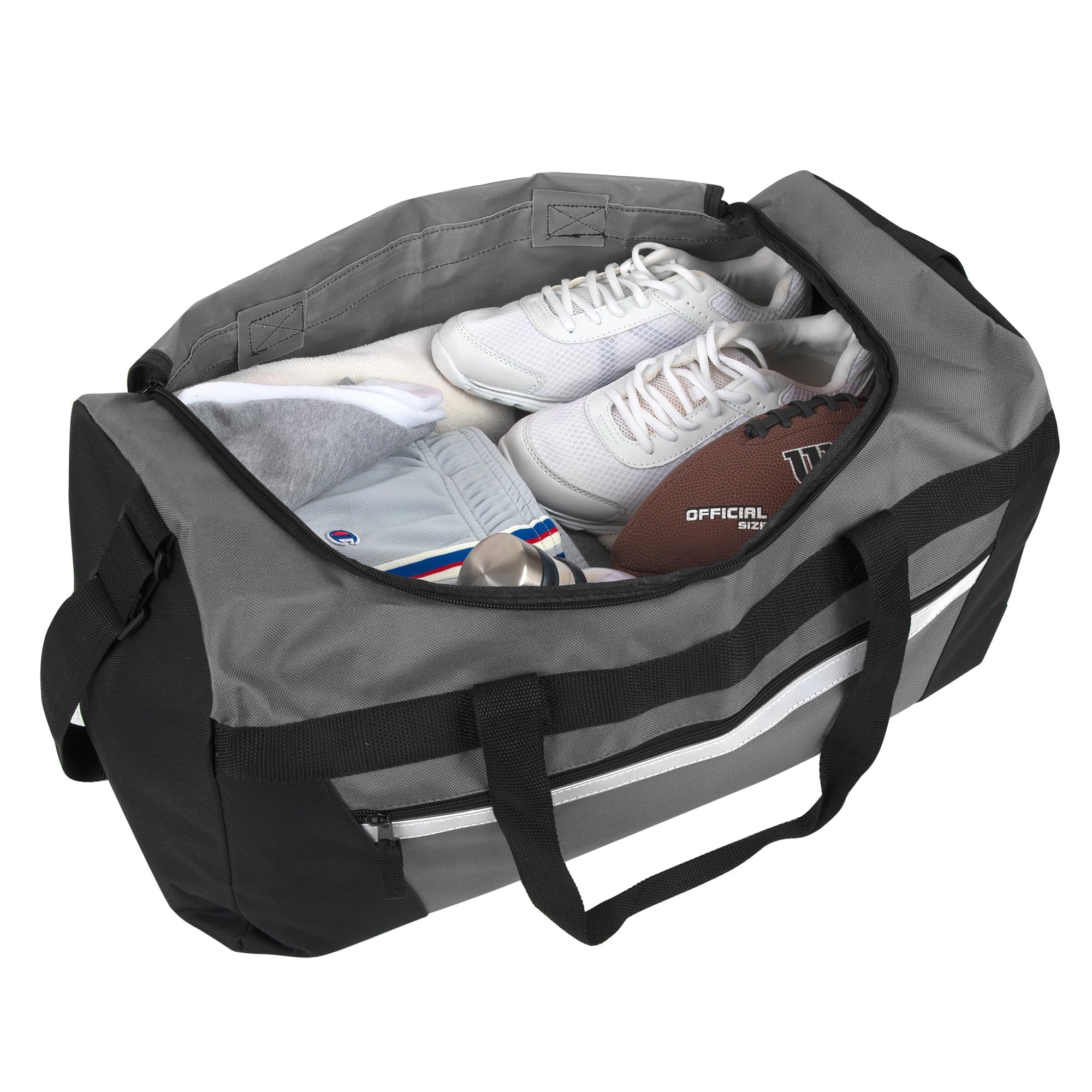 24 Pack of Bulk Wholesale 40 Liter 22 Inch Duffle Bags with Reflective Stripe, Front Accessory Pocket, Velcro Handles and Luggage Strap for Sports, Gym & Traveling in Gray