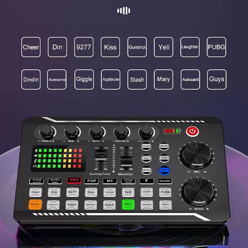 Live Sound Card with DJ Mixer Effects & Voice Changer, Live Sound Card Audio Mixer, Sound Mixer Board LED Light Voice Changer Sound Card with 16 Special Sound Effects for Live Streaming (Sound card)