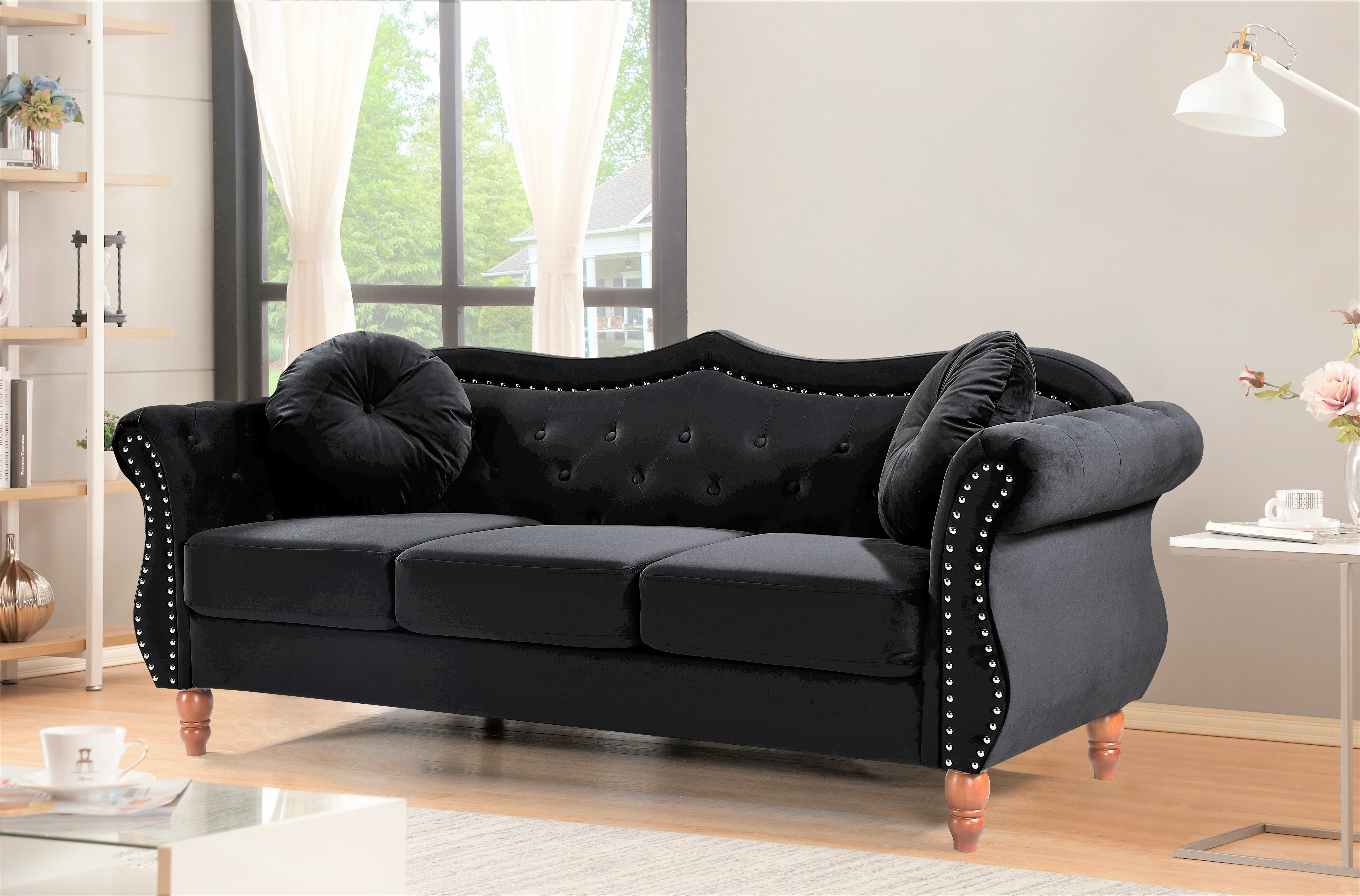Uspridefurniture Wymore 79.5'' Velvet Rolled Arm Sofa, Black