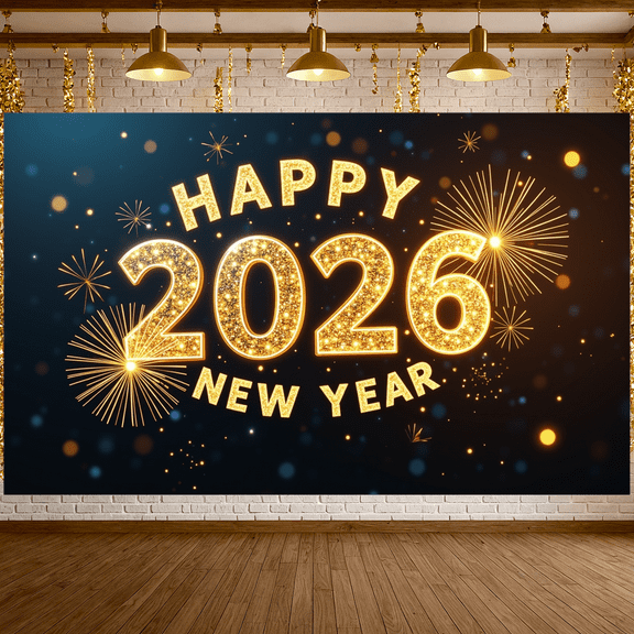 Decorative Design Happy 2026 Banner Colorful Fireworks New Year Celebration for Holiday Party Countdown Indoor Decoration