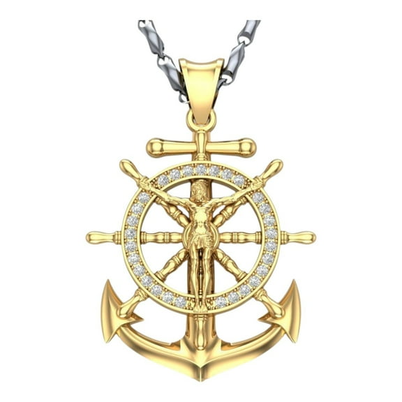 Bluebell Jewels Men's Anchor Cross Necklace Gold-Tone Ship Wheel Pendant Hip Hop Bling Jewelry