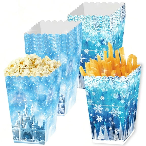 Frozen Themed Popcorn Buckets - 12 Pack Snow Castle & Snowflake Design Paper Snack Containers for Party Decor