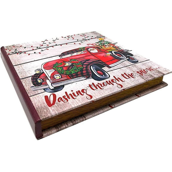 Storage Book Box Santa in Red Pickup Truck "Dashing Through the Snow" Decorative Christmas Craft Art Keepsake Photo Card Organizer Farmhouse Country Home Décor Book-Style Gift Box 12" x 12"