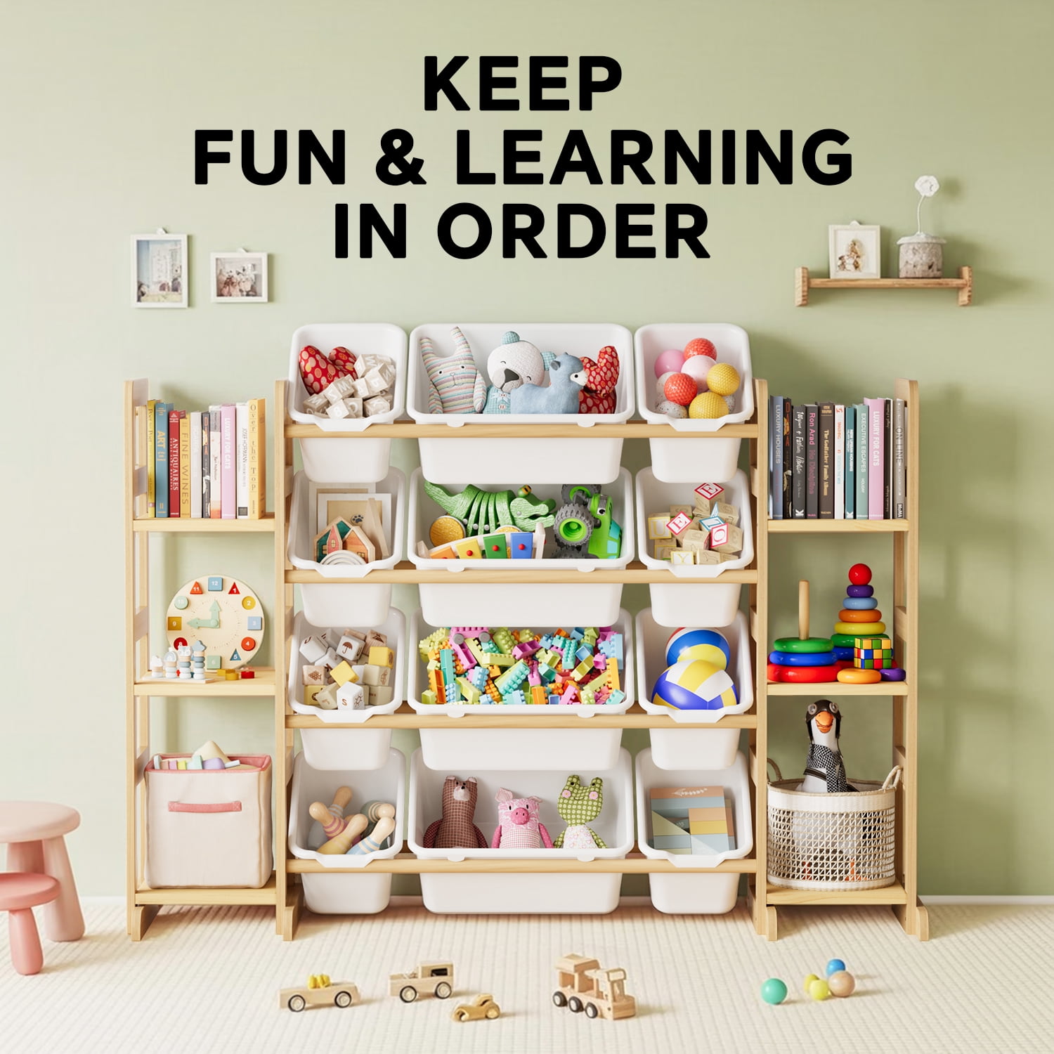 Tooloton Toy Storage Organizer with 6 Shelves and 12 Bins, Toy Organizers Storage Bookshelf, Kids Bin Shelf Toys Box Bookcase for Bedroom Playroom Organization Room Decor, White