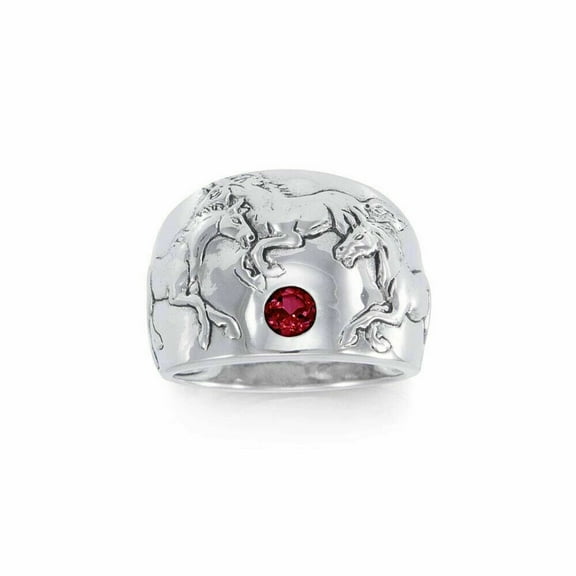 Wild Horses 925 Sterling Silver Ring Garnet Gemstone Spirit Animal Totem Jewelry