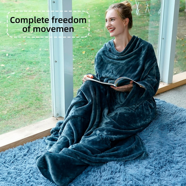 Winthome Flannel Wearable Blanket Large Soft Fleece TV Throw Wrap Robe Blanket with Sleeves Feet Pockets Comfy Warm Full Body with Pocket Gray 55.1 X70.8 Walmart