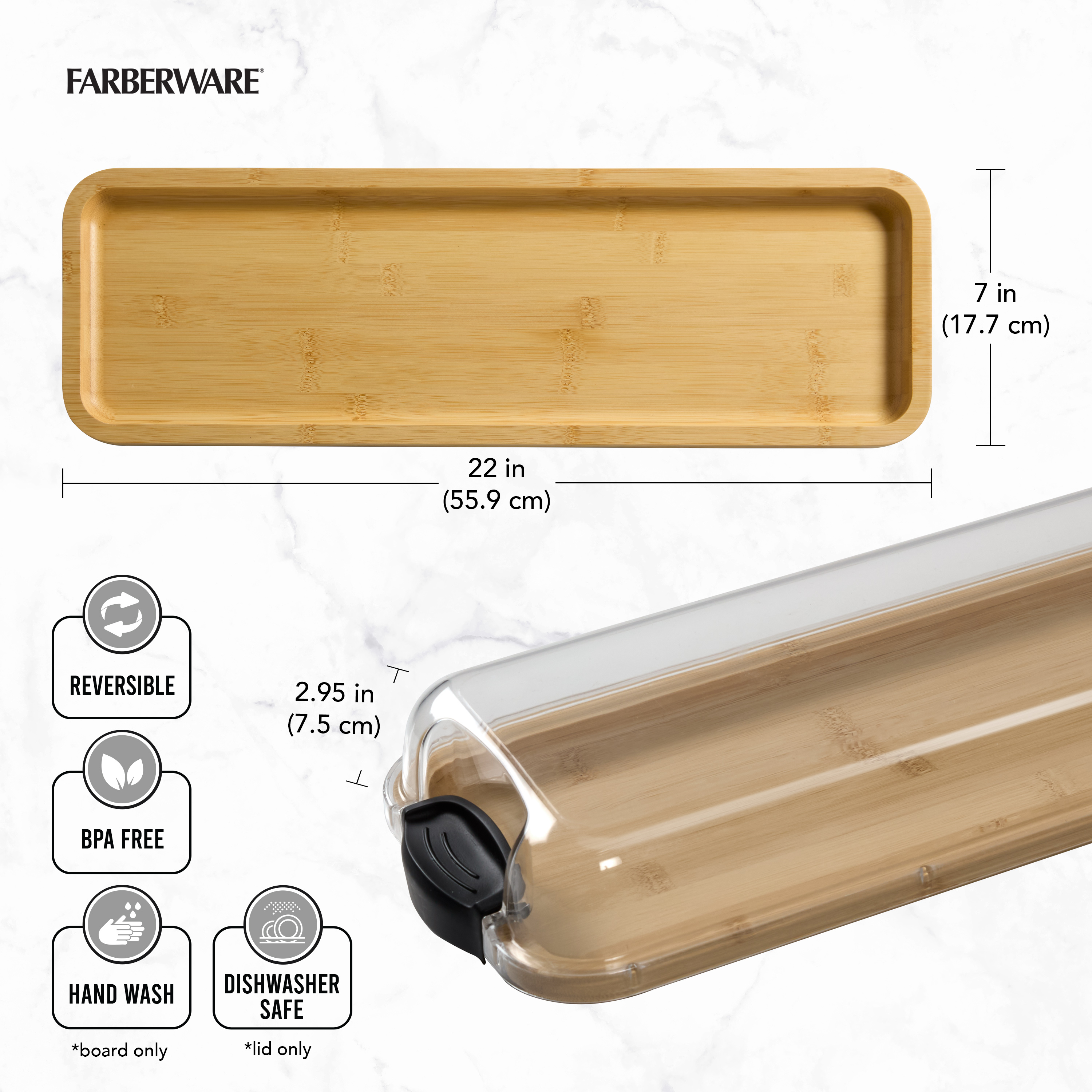 Farberware Build-a-Board 7x22-Inch Rectangular Bamboo Cutting Board with Clear Locking Lid