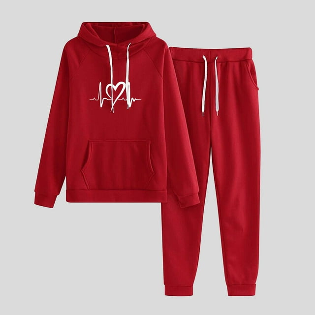 DPTALR Women's Casual Printed Hooded Drawstring Loose Long Sleeve Sweatshirt Tops And Long Pants Set Suits