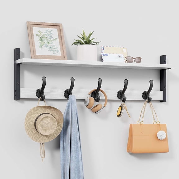 29" Coat Rack Wall Mount with Shelf, Entryway Wall Hooks with Shelf, Coat Hangers for Bathroom, Living Room, Bedroom, Rustic White