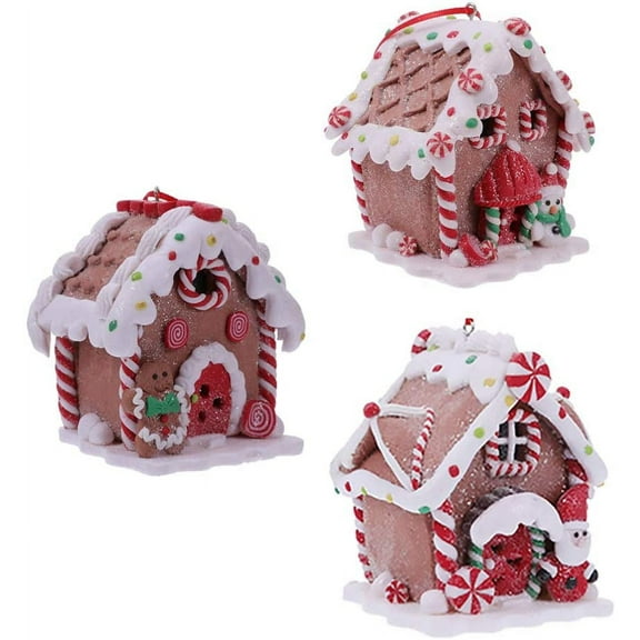 3Pcs Christmas Lighted Gingerbread House Ornament Miniature Christmas Village Houses Light up Candy House Xmas Tree Hanging Decoration