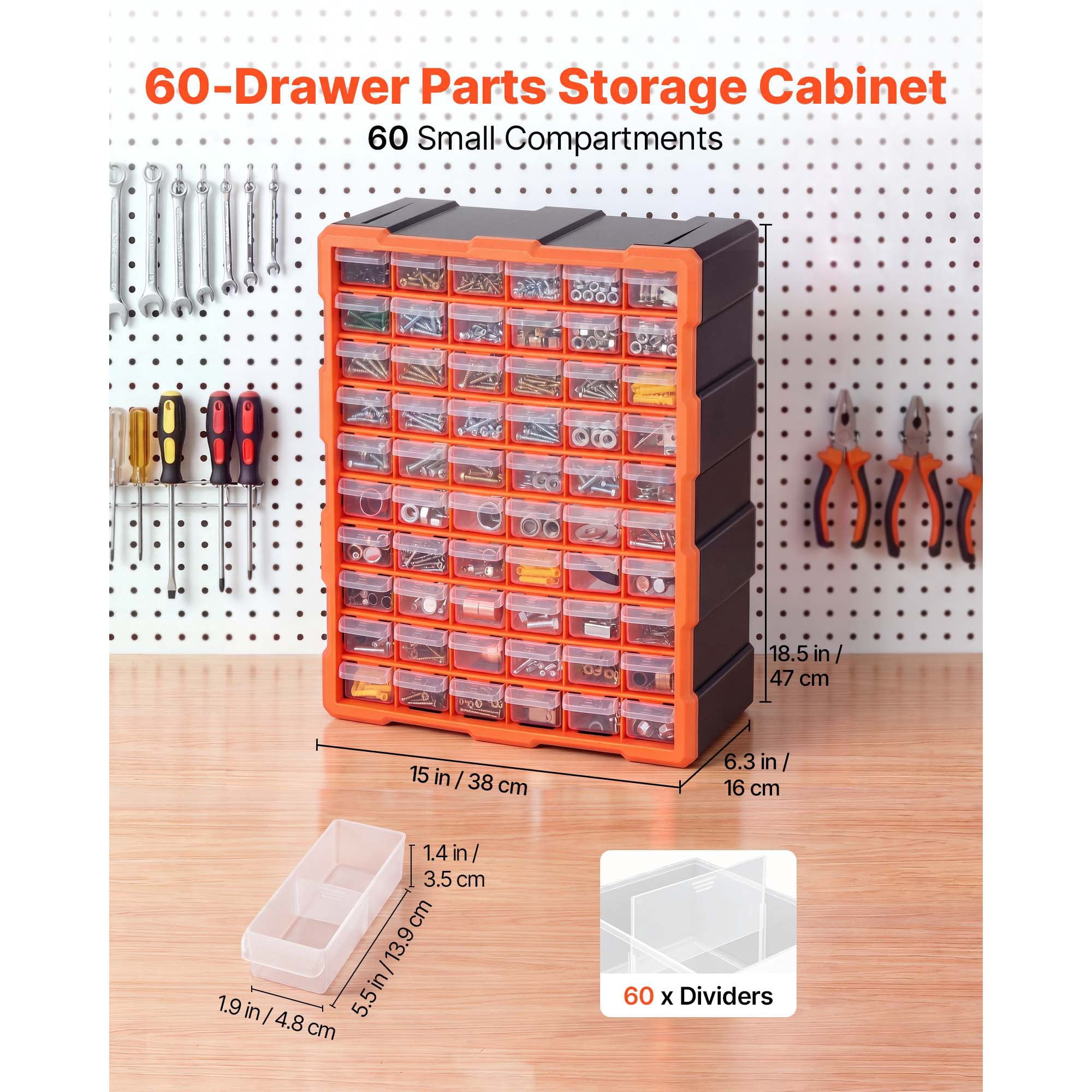 KFFKFF 60-Drawer Plastic Storage Organizer, Stackable Cabinet for Garage and Workshop, Wall-Mountable Organizer for Small Items like Hardware, Beads, Screws, Crafts, and Building Bricks