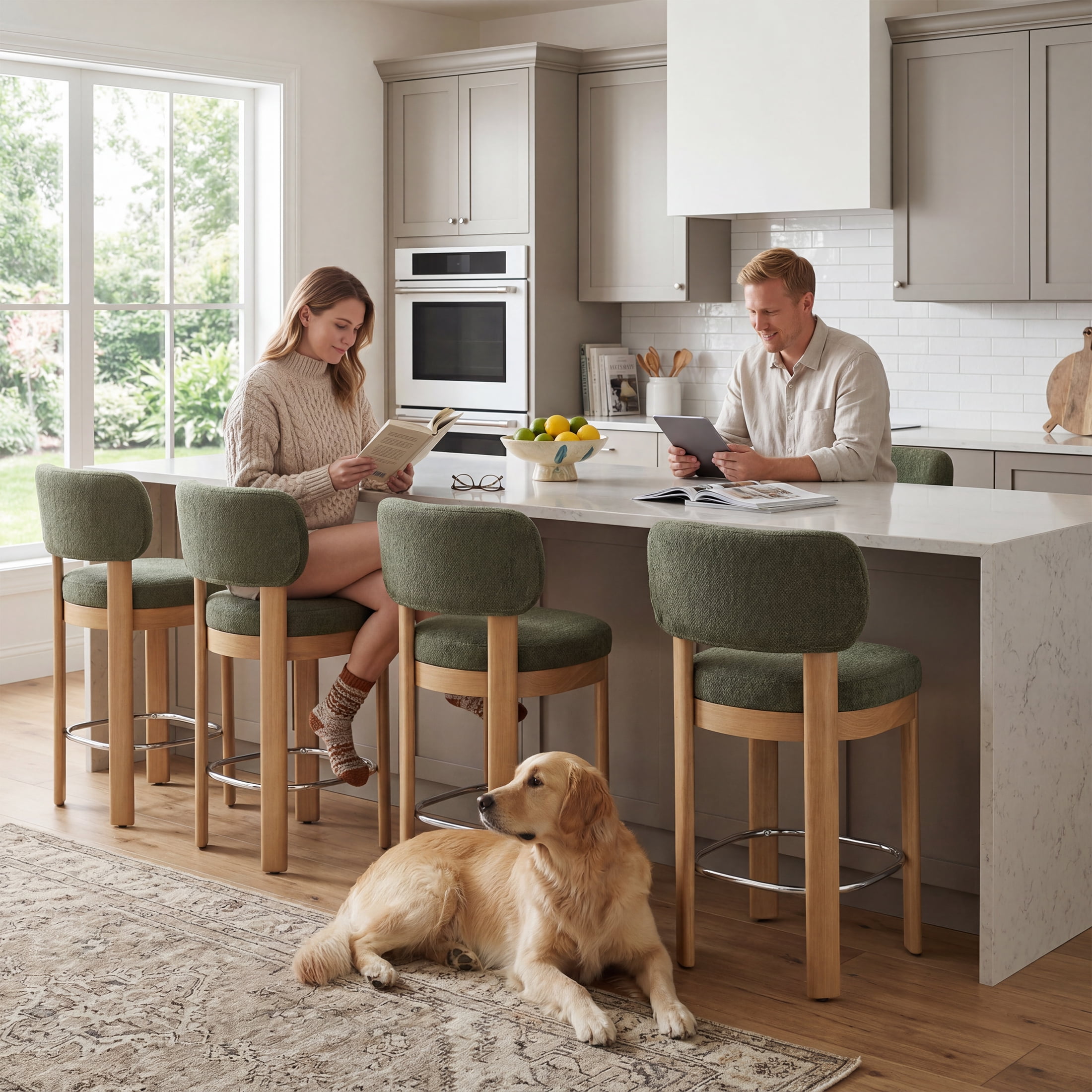 Guyou 26" Bar Stools Set of 4, Modern Chenille Upholstered Counter Height Bar Stools, Farmhouse Armless Bar Chairs with Solid Wood Legs & Padded Back for Kitchen Island/Dining Room Bar, Green