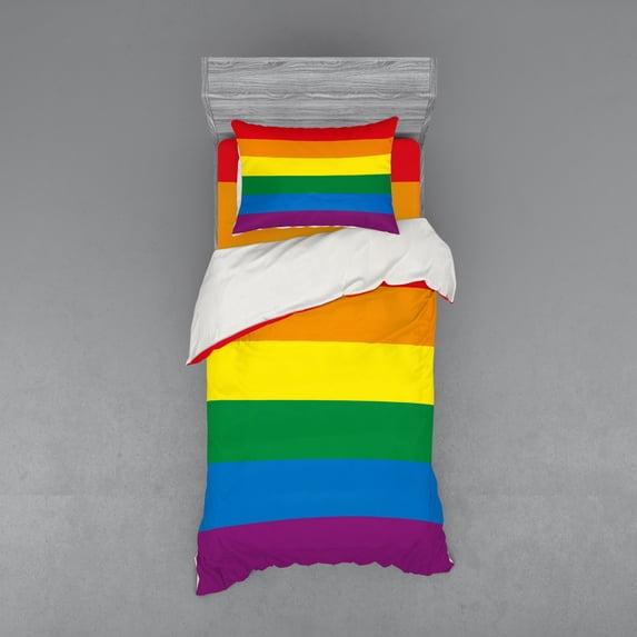 Pride Duvet Cover Set, Horizontal Rainbow Colored Flag of Gay Parade Freedom Equality Love Passion Theme, Bedding Set with Shams and Fitted Sheet, 3 Sizes, by Ambesonne
