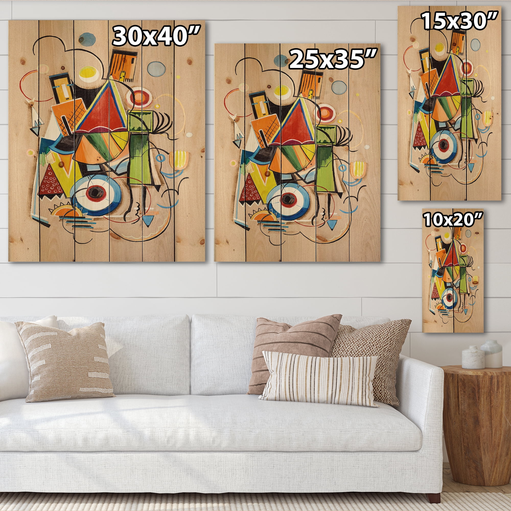 Designart 'Abstract Compositions Of Colored Geometric I' Modern Print on Natural Pine Wood