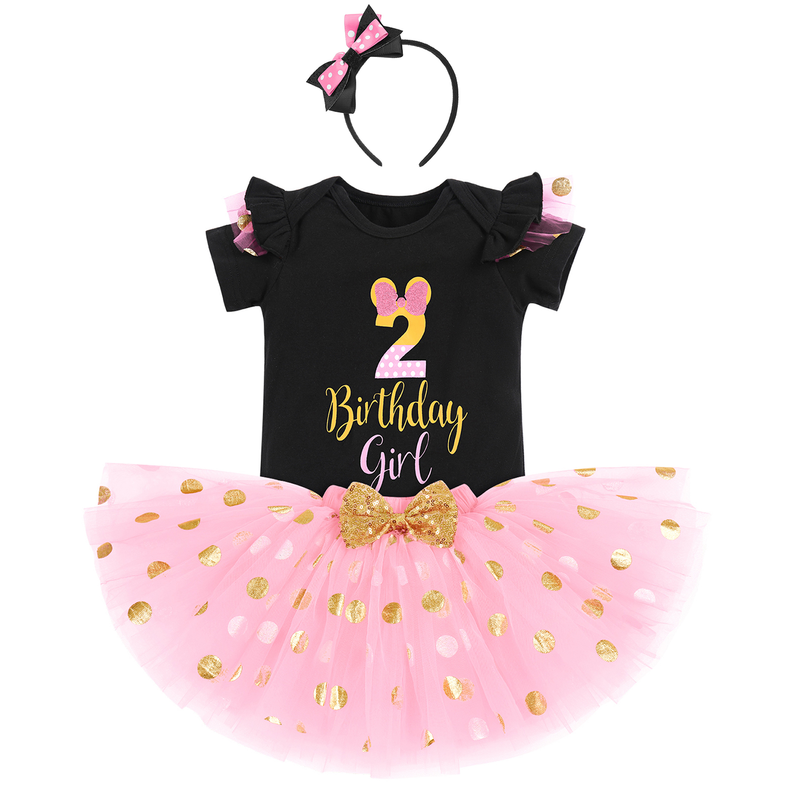IBTOM CASTLE Toddler Girls 1st 2nd 3rd Birthday Outfit Princess Polka Dots Ruffle Tutu Skirt Mouse Headband Cake Smash Party Clothes Set 2 Years Black + Pink