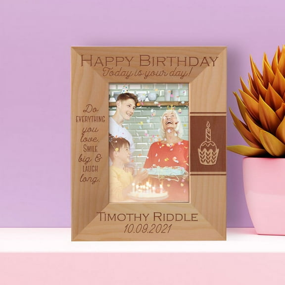 Happy Birthday Today Is Your Day Personalized Wooden Frame 3 1/2" x 5" Brown (Vertical)