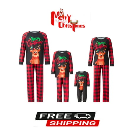 

Sunisery Christmas Pajamas For Family Letters Elk Print T-shirt with Plaid Pants Christmas Pajamas