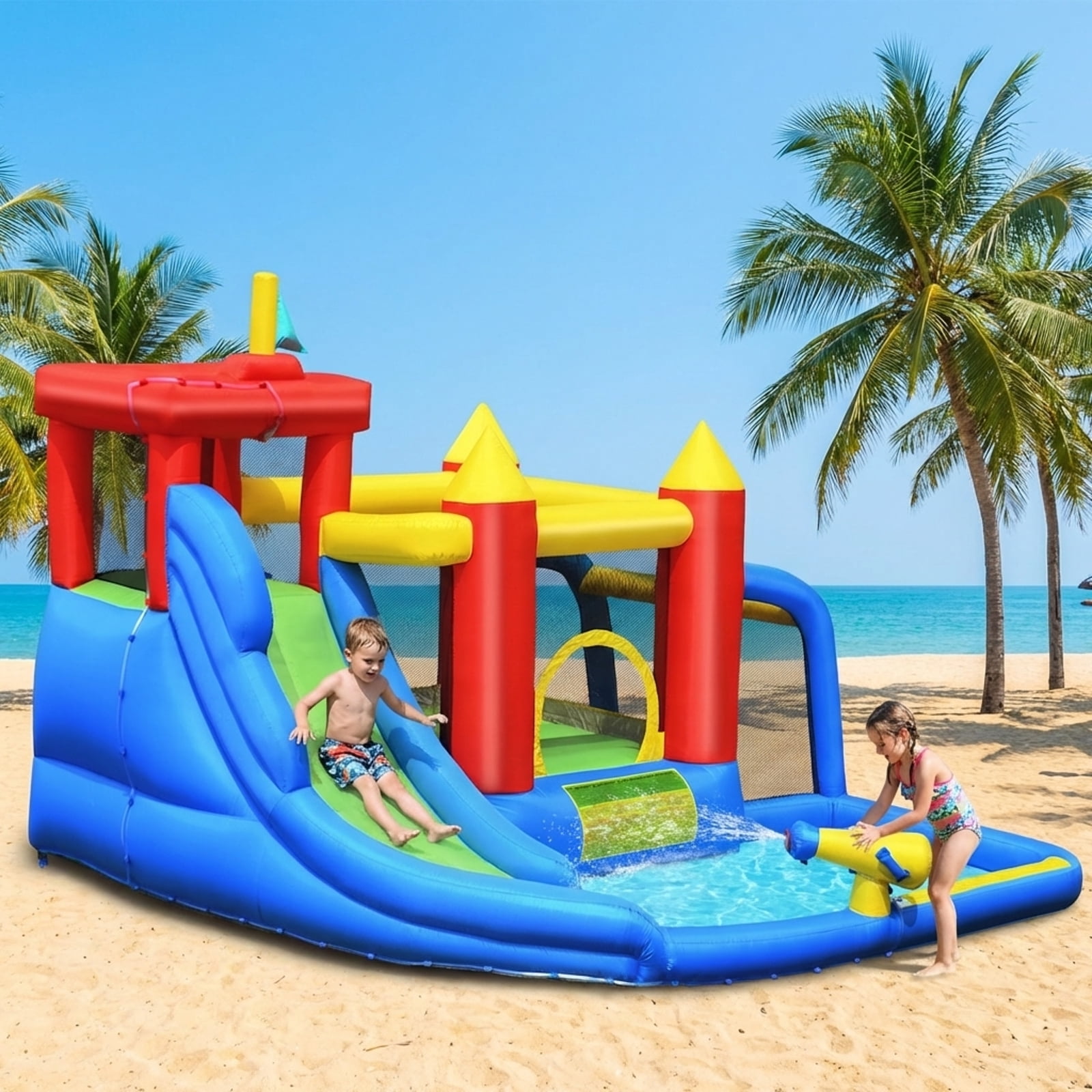 Redsmile Inflatable Bounce House Splash Pool with Water Climb Slide Blower included - Multicolor - Kids Birthday Party
