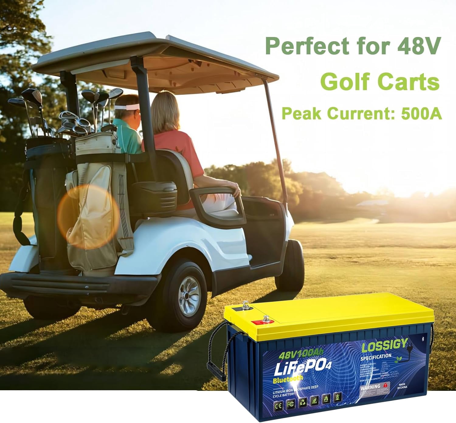 LOSSIGY 48V 100AH LiFePO4 Lithium Battery, Built in Bluetooth BMS with 10 Yrs Lifespan, Perfect for Golf Cart, Trolling Motor, Solar System, RV, Marine
