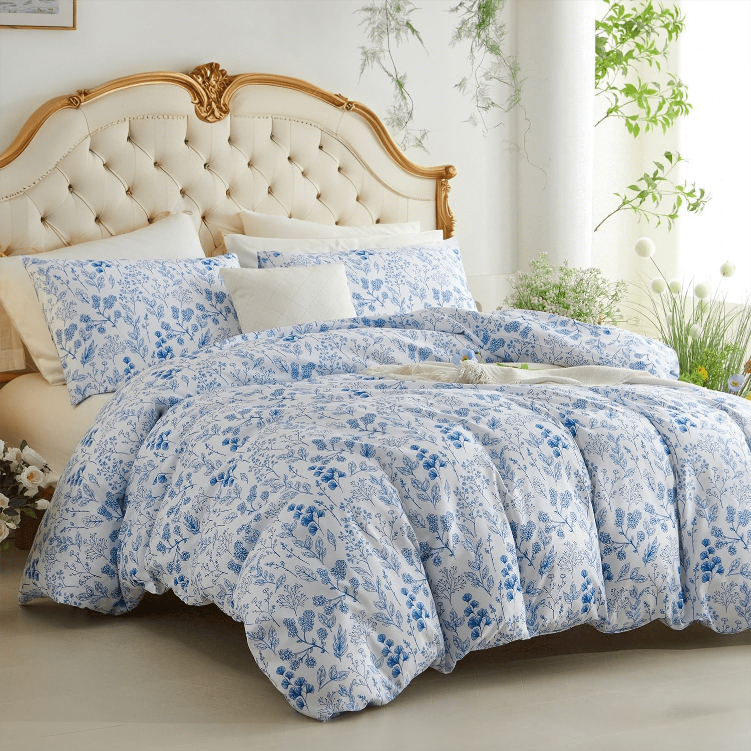 NAYOROOM Duvet Cover Queen Size,3 Pieces Botanical Floral Leaf Soft Comforter Cover Set for Adults,Blue White