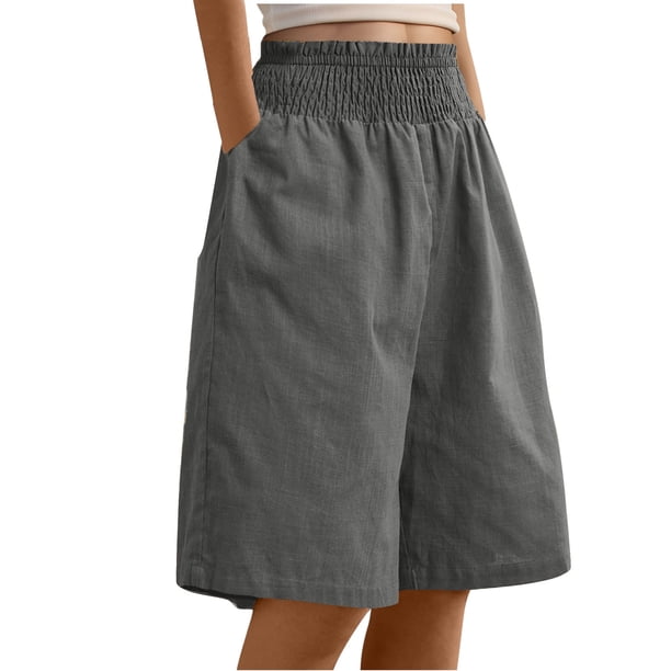 Karight Bermuda Shorts For Women Knee Length Wide Leg Summer Casual Long Linen Shorts Baggy High Waisted Short With Pockets