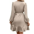 thumbnail image 4 of Kaemgyyd Women's Satin Silky Dress Soft Comfy Wrap V Neck Tie Waist Cocktail Dress Elegant Long Sleeve Solid Mini Short Dress, 4 of 6