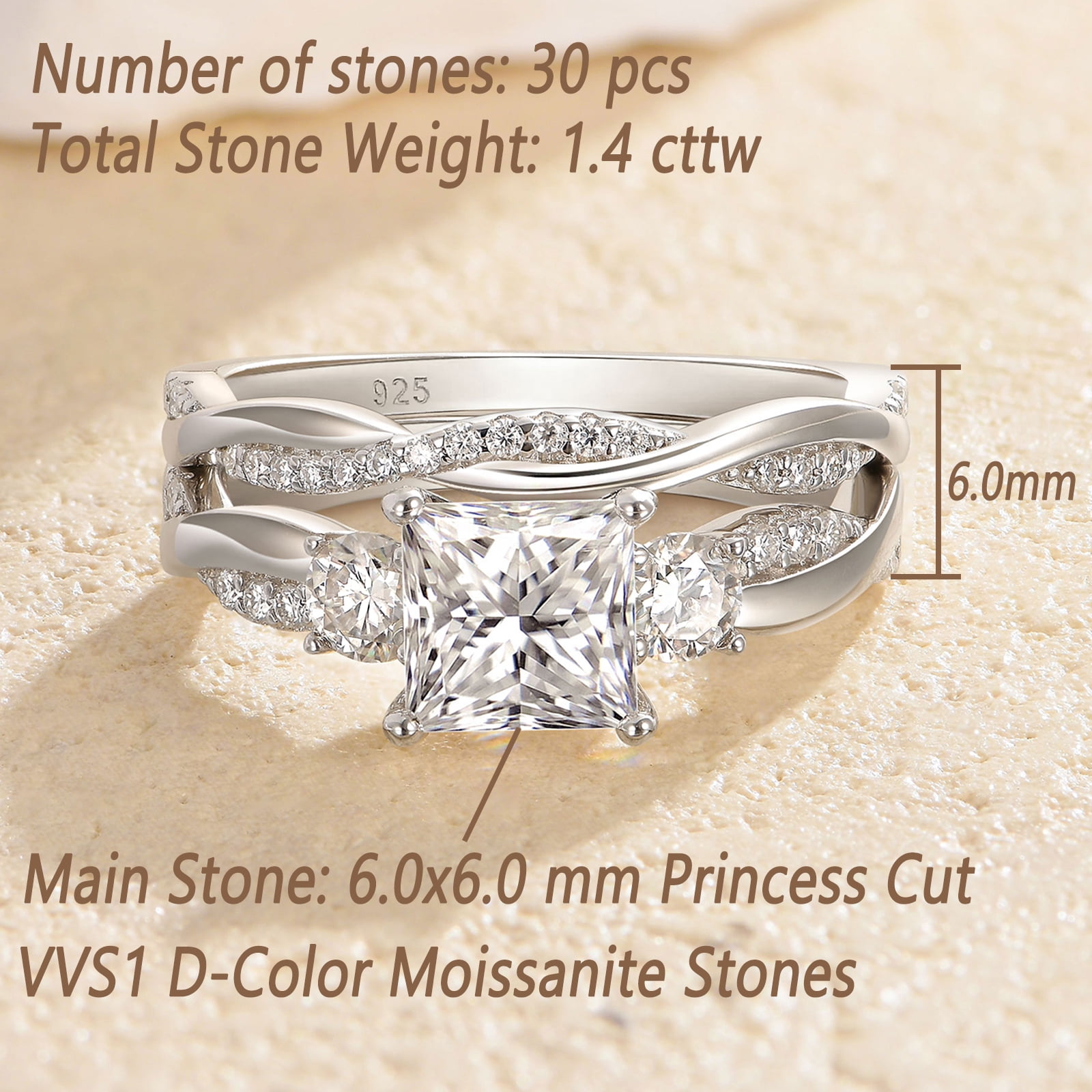 Wuziwen 1.4 Ct Princess Moissanite Wedding Ring Sets Twisted Band 925 Sterling Silver Rings for Women Size 7