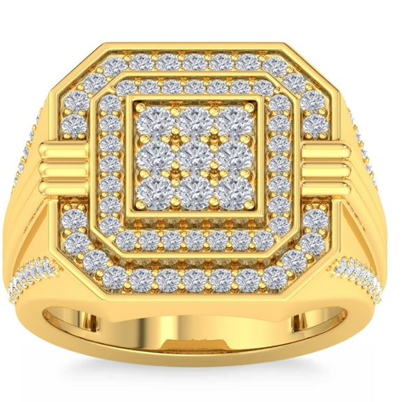 Pompeii 1 3/4Ct Men's Diamond Square Multi-Diamond Double Octagon Frame Ring Yellow Gold