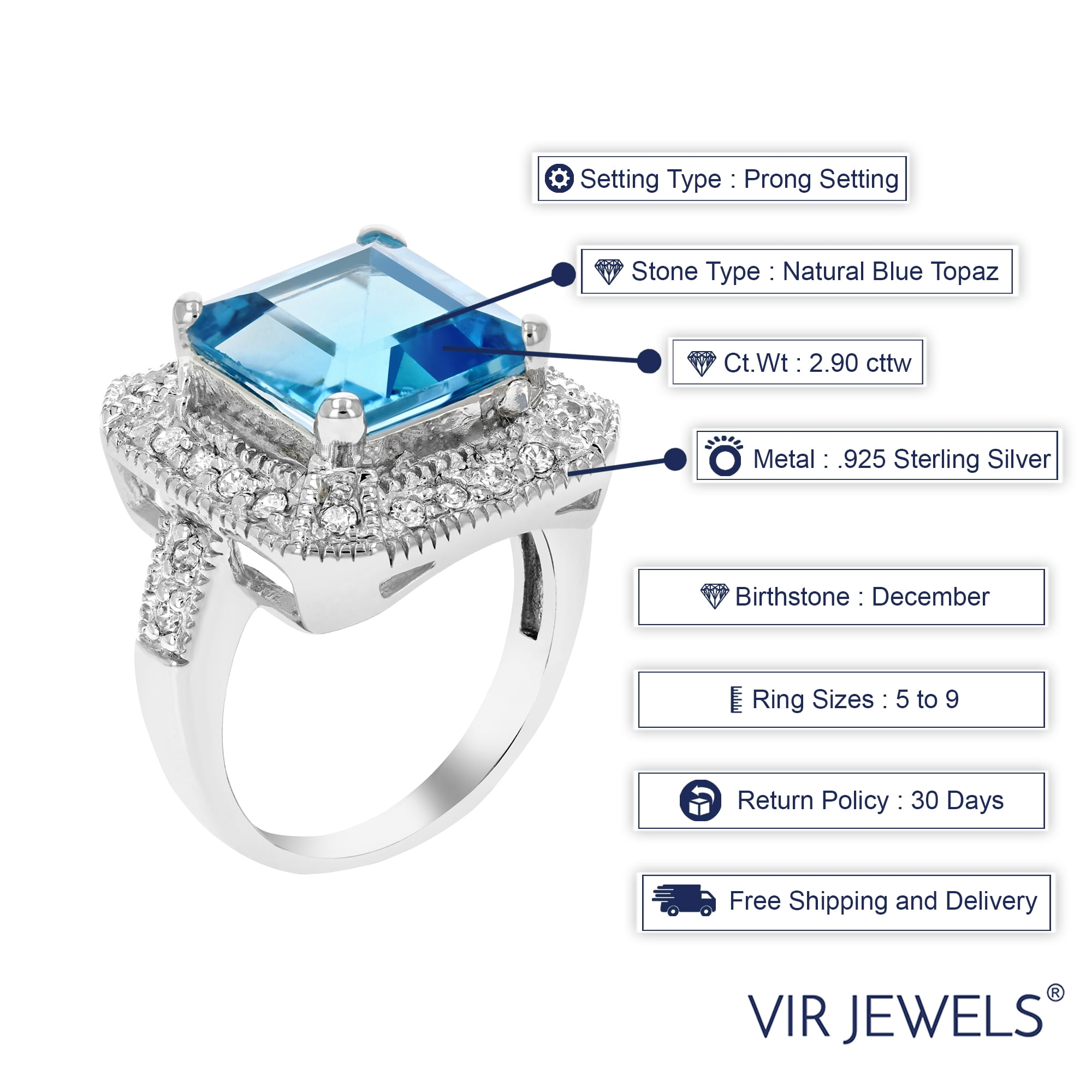 Vir Jewels 2.90 CTTW Swiss Blue Topaz Ring 10 MM Princess Cut .925 Sterling Silver 10 MM Size 7