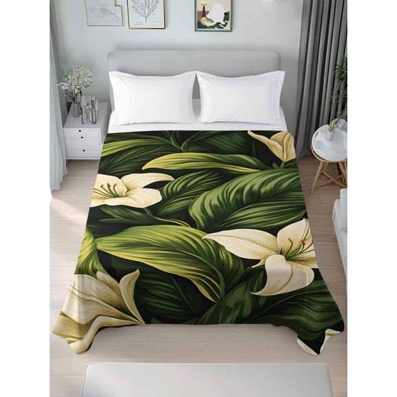 White Lily Flower Twim Size Flat Sheet, Wrinkleproof & Fadeproof Cooling Flat Bed Sheet Only, Tropical Bloom Floral Green Leaf Breathable Soft Bedding Top Sheets 66 x 96 Inches