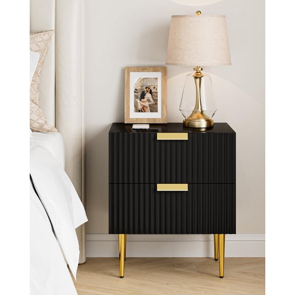 Nightstand, Bedside Table with Gold Frame,Black Night Stand, End Table with 2Drawer, Mid Century Modern Bedside Table, Dresser for Bedroom,Living Room