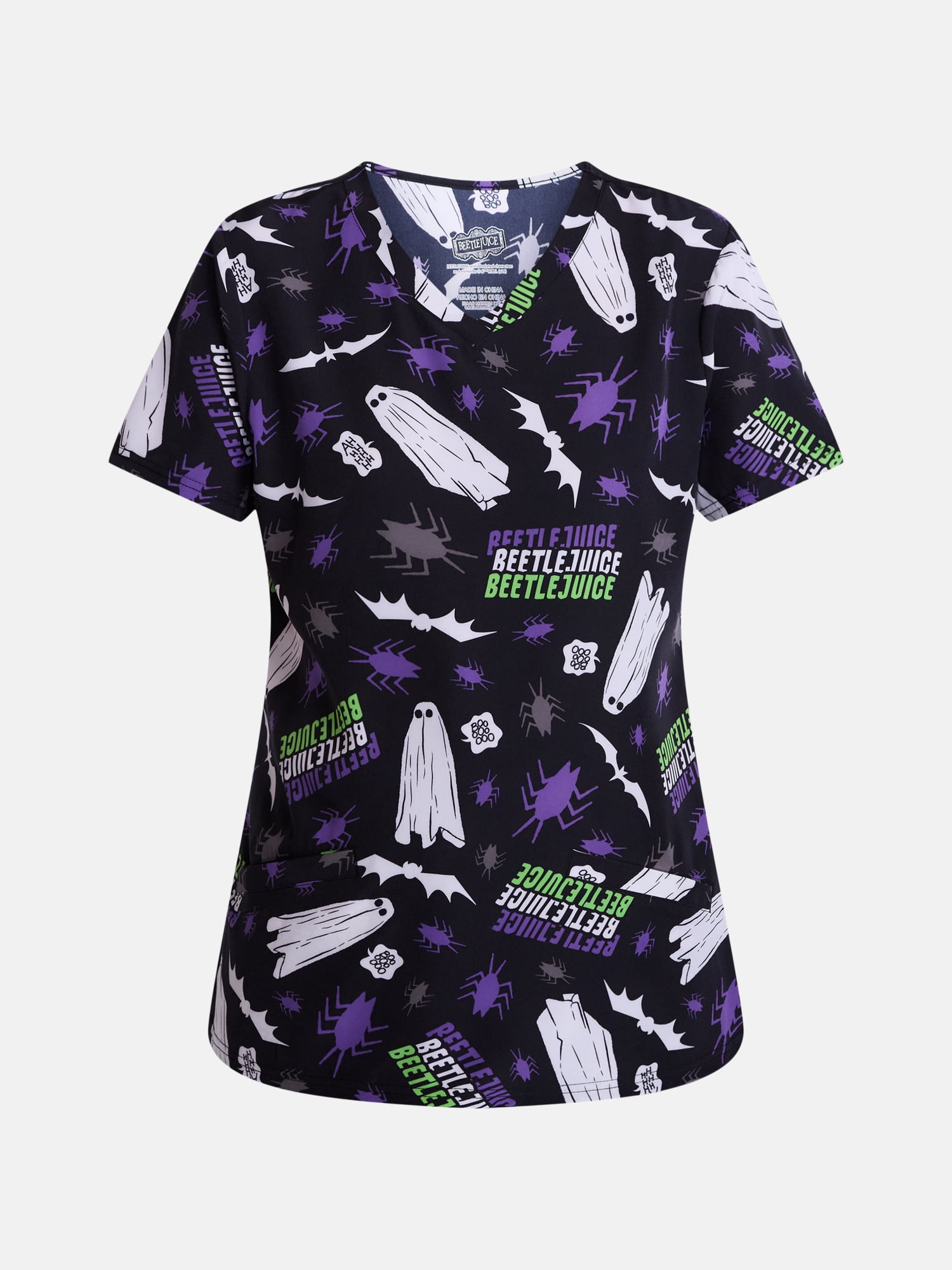 Beetlejuice Women's Halloween Scrub Top with Short Sleeves, Sizes S-XXXL