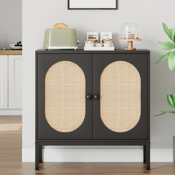 QinaQin Aparador buffet de ratán con puertas y repisas, consola moderna estilo farmhouse para sala, comedor, pasillo o entrada