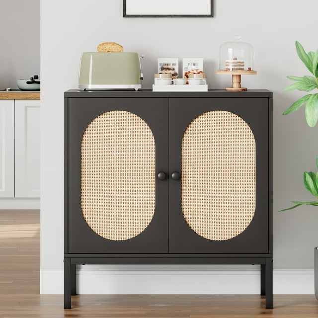 BeesClover Rattan Buffet Cabinet with Doors & Shelves, Console Table for Dining Room Living Room Hallway Entryway, Modern Farmhouse Storage Sideboard Accent Furniture