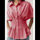 thumbnail image 5 of Camisas A Rayas con Botones para Mujer, Blusa Plisada de Corta con Corsé, Informal, de Verano. Rayas Rojas XL, 5 of 7